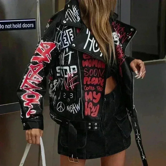 Black Casual Women's Trendy Colorful Graffiti Letter Punk Style Leather Jacket - Picture 6 of 8